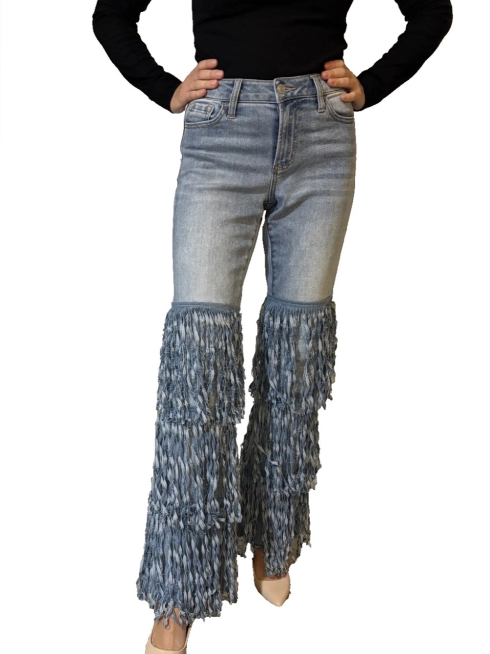Cello Distressed Women's Layered Fringe Jeans Blue Waist 26 / Sz 1